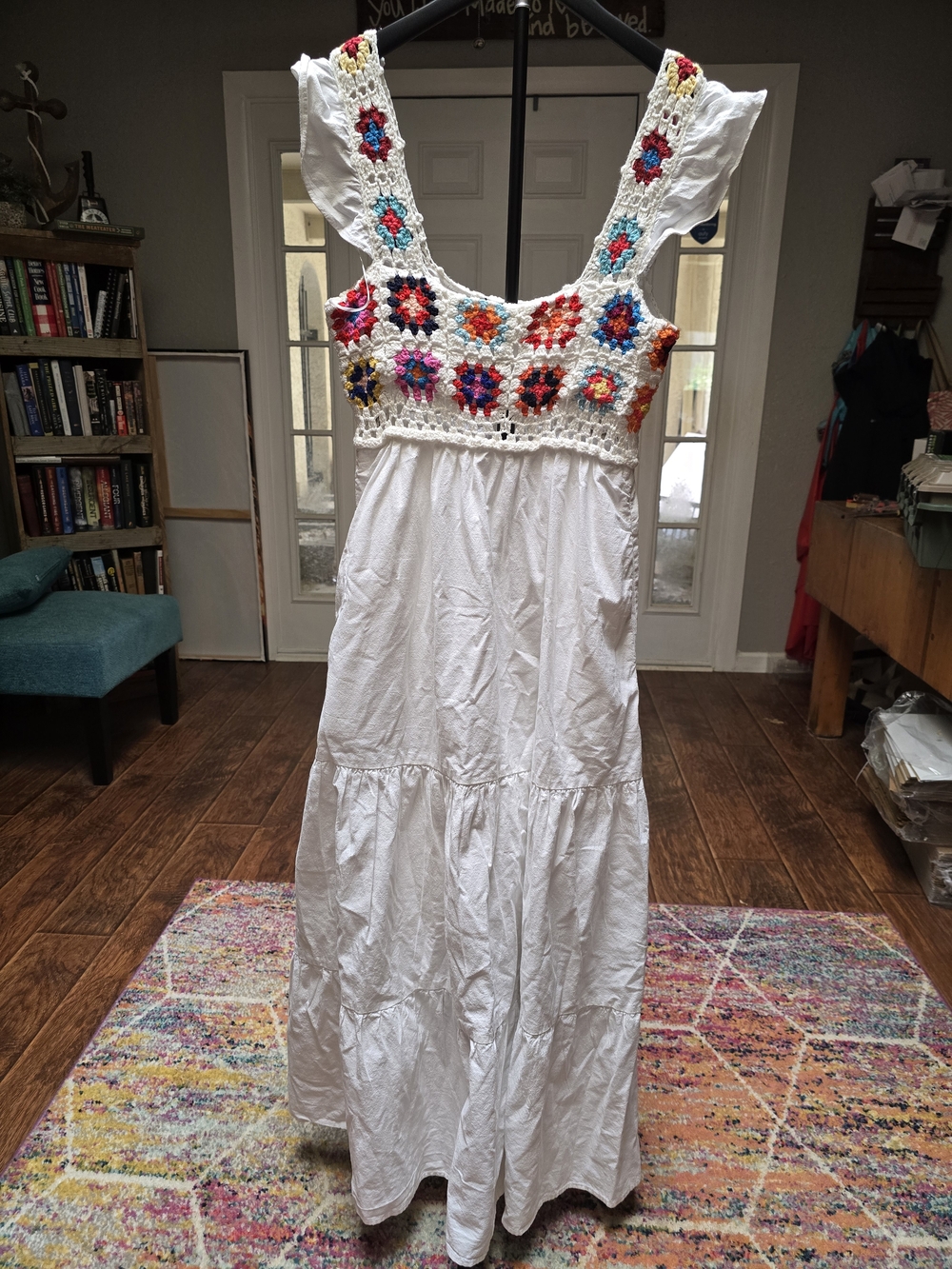 Boho White Maxi Dress with Colorful Crochet Bodice